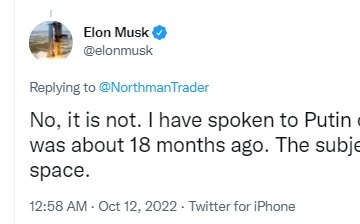 馬斯克否認會普丁 拒開通克里米亞星鏈稱憂核戰