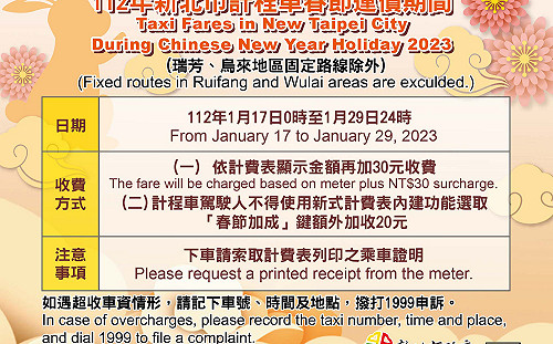 北北基計程車  春節加成按表加收30元 