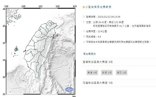 宜蘭外海規模3.5地震 最大震度宜蘭縣3級