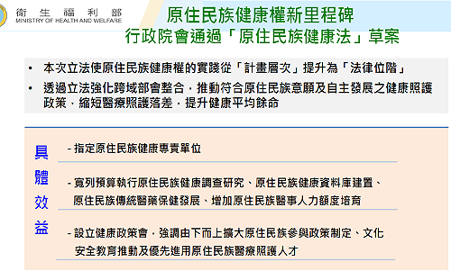 政院拍板！衛福部擬具的「原住民族健康法」送立院審議