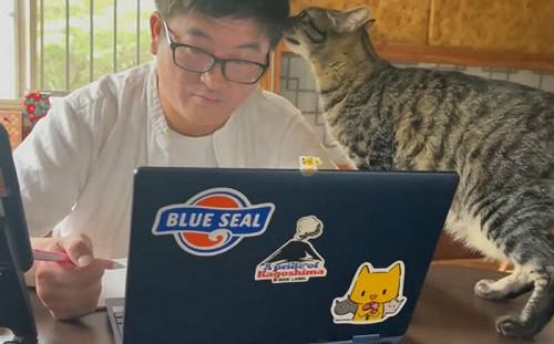 懂爸在視訊會議！貓狗小小聲玩耍