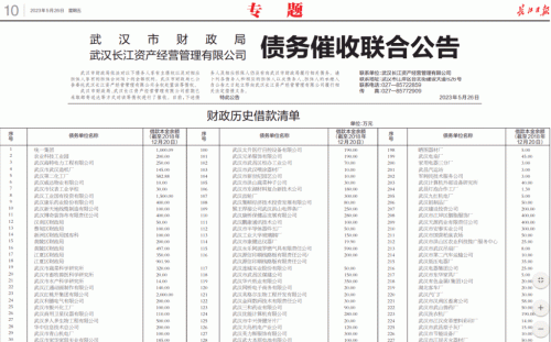 武漢財政局登報催債 多家國企與區財政局入列