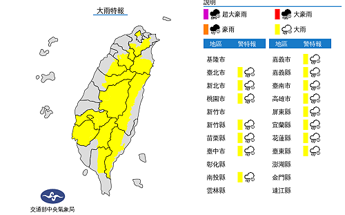 快訊》暴雨襲擊！氣象局：全台15縣市大雨特報