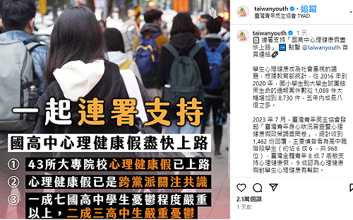 一天逾3千位學生連署 籲教育部盡快規劃國高中「心理健康假」