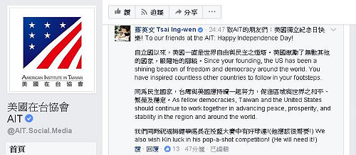 AIT臉書留言  蔡英文：「美國獨立紀念日快樂」