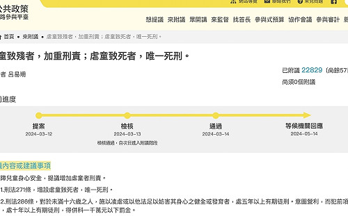 提案兩天火速通過！逾2.2萬人連署「虐童唯一死刑」 權責機關須回應