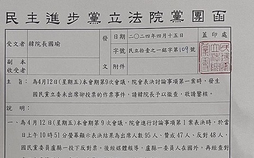 藍委在中國卻能院會表決 民進黨團正式發函韓國瑜徹查