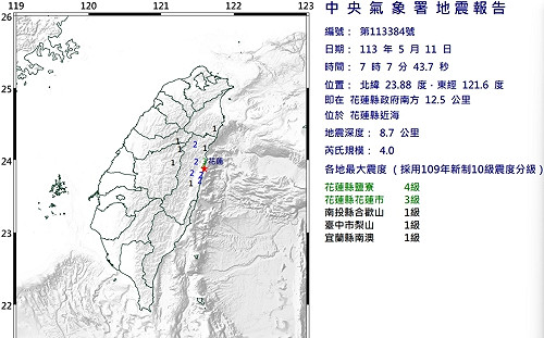 極淺層！清晨7:07花蓮近海地震規模4 最大震度4級