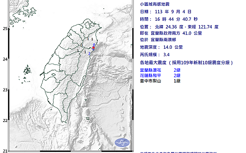 3縣市有感！16:44宜蘭發生3.4規模地震  最大震度2級