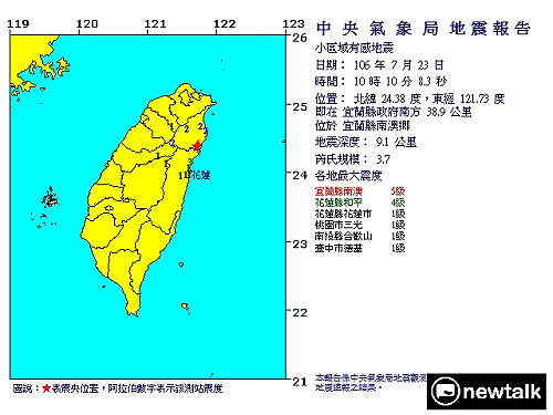 快訊》10:10宜蘭發生有感地震 最大震度5級
