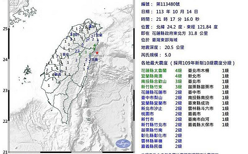 晚間連2震！2小時內發生規模4.4、5.0地震 最大震度4級12縣市有感
