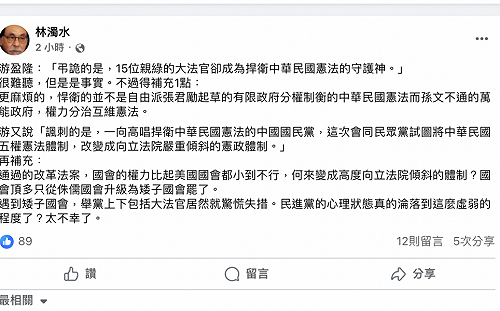 游盈隆國會改革釋憲感想 林濁水 2 點補充「太不幸了」