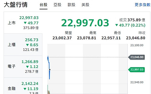 台股開黑》美股拖累台股 開盤回測23000點整數大關 