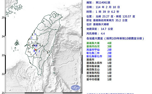 嘉義縣大埔鄉地震規模4.4 最大震度4級