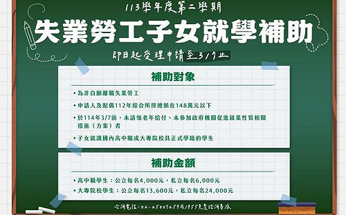 非自願離職失業勞工子女就學補助 今起開放申請至3月7日截止
