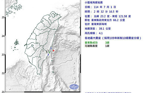 西部震完換東部震!台灣東部海域今晨發生規模4.1地震最大震度3級