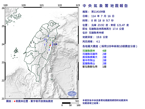 快訊》00:18花蓮縣秀林鄉發生規模4.1有感地震 最大震度花蓮縣西林4級