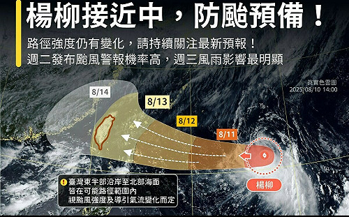 楊柳颱風恐直撲台灣　週三風雨最劇　最快週二發布警報