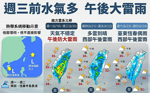 南方水氣影響至週三 午後大雷雨頻繁 本週末轉吹東南風