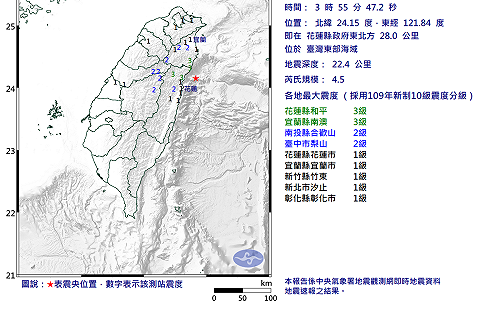 上午東部外海連2起有感地震！氣象署：兩者都是獨立事件