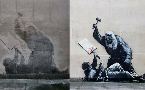 (影) 班克斯「法官揮槌擊抗議者」遭抹去! 倫敦警察戒護 工作人員蒙面作業