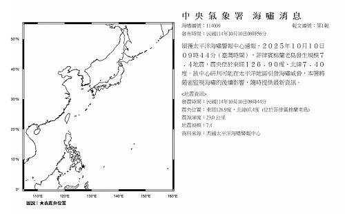菲律賓棉蘭老島外海規模7.4強震　氣象署發海嘯消息嚴密監控