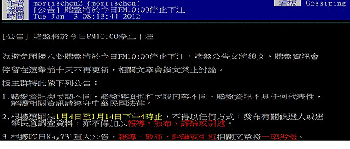 避免困擾  PTT選舉賭盤今晚10點停止下注