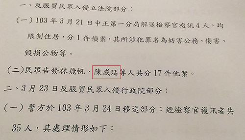 「陳威廷」占立院？法務部報告寫錯名字