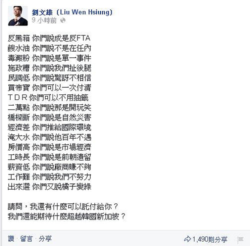 劉文雄舉16例 暗批藍「還有什麼可託付」