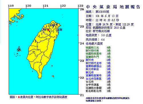 新竹尖石晚間再發生芮氏規模4.4地震