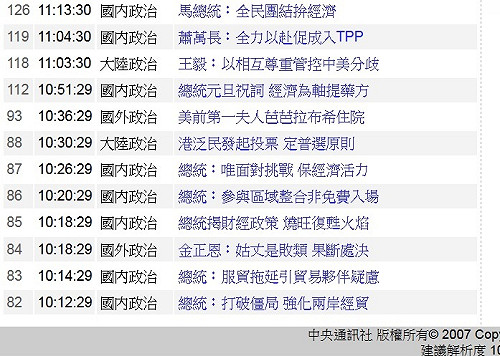 馬元旦談話  中央社2小時連發11條稿件