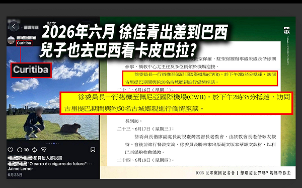 民眾黨爆徐佳青：小孩當攝影官周遊列國、還去巴西看「卡皮巴拉」