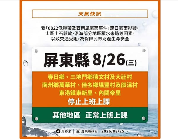 今日停班停課一覽！ 高雄市1里、屏東縣1鄉7村里8/26停止上班上課