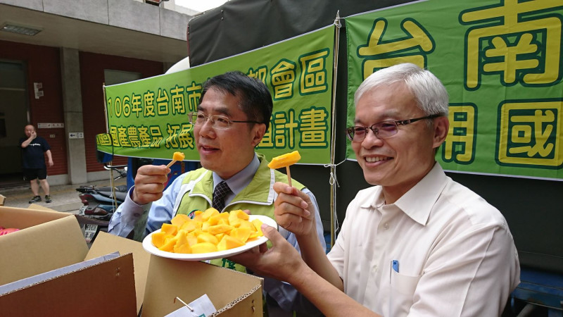台南市長參選人黃偉哲多次為台南國際芒果節站台，在立院休會期間更將芒果帶進立院，舉行試吃活動，促銷芒果，並表示，不好吃去找他。   圖：立委黃偉哲提供