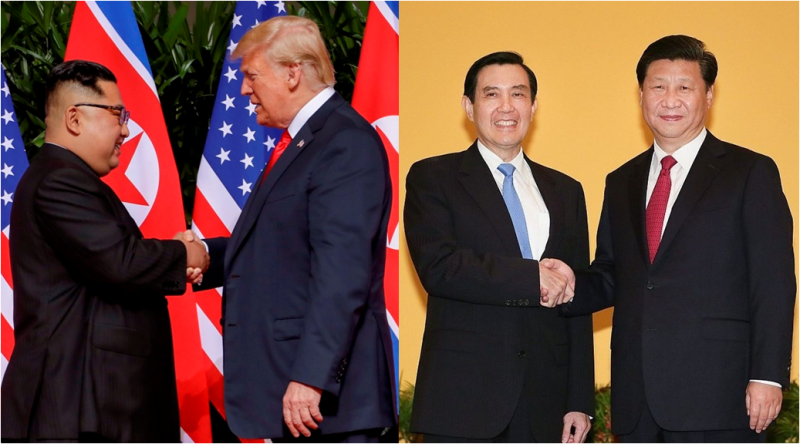 從新聞照片看來，川普與金正恩是在美朝兩國的國旗前握手。北韓無論就人口、就面積、就經濟，即使是就核彈……沒有一項能與美國相提並論，但兩國元首仍是在各自國旗前握手。就算是北韓這樣一個小國，仍堅持領導人必須在對等尊嚴的情況下，與美國在雙方國旗前握手。   圖：新頭殼合成