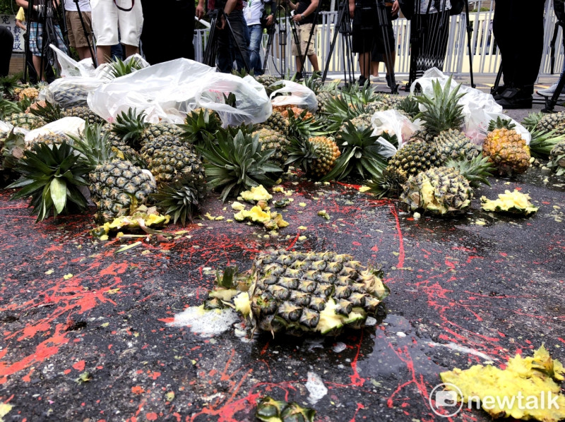 滿腔怒火、無奈的鳳梨農民，利用砸毀過剩的鳳梨來表達他們最深沈的抗議。   圖：張元誠、聶良恩/ 攝