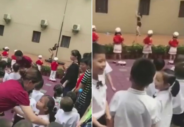 開學典禮上出現辣妹鋼管秀，許多幼兒園家長不滿表示要退學   圖：翻攝自微博