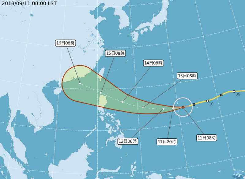 中央氣象局今早八點將位於台灣西南方海域的熱帶低壓升格為２３號颱風百里嘉，而位於菲律賓東方海域的２２號颱風山竹，也於今早增強為強烈颱風。   圖：擷取自中央氣象局