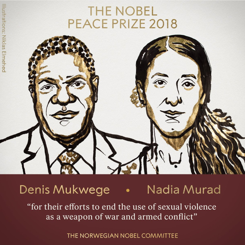 2018年諾貝爾和平獎得主今(5)天揭曉，由剛果民主共和國婦科醫師穆克維格（Denis Mukwege）與25歲的亞茲迪（Yazidi）運動人士穆拉德（Nadia Murad）獲得。   圖：翻攝自The Nobel Prize推特