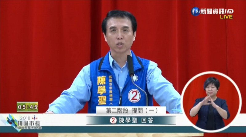 桃園市長辯論會，國民黨候選人陳學聖。   圖：翻攝自華視