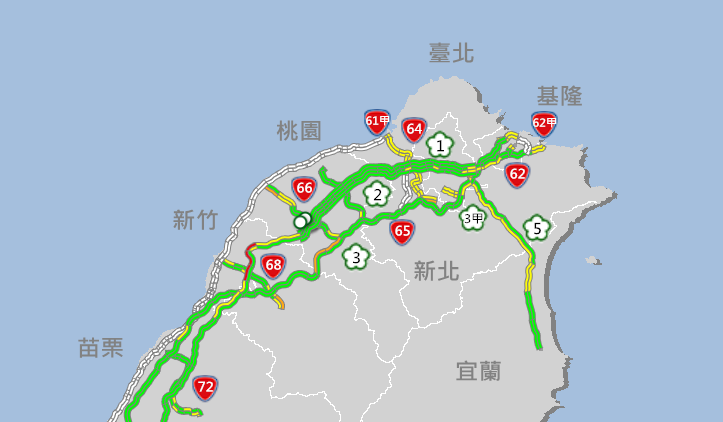 目前國道1號南下楊梅至新竹路段壅塞，平均車速約22km。   圖：截自高速公路1968網站
