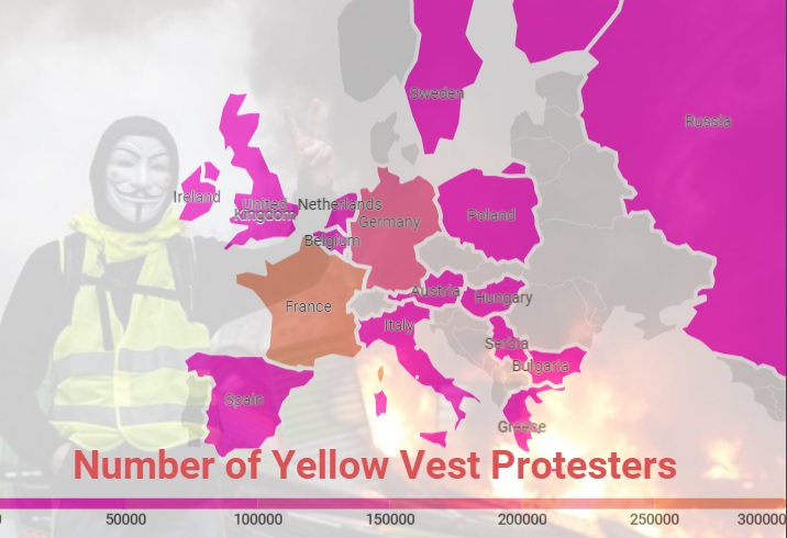 圖四:黃背心運動的歐洲擴散與人數分布 圖片來源:筆者自製