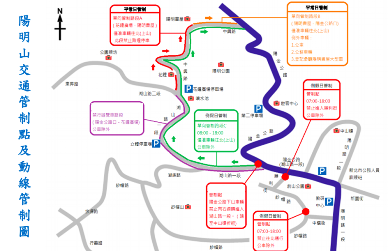 陽明山交通管制點及動線管制圖   圖：台北市政府交通局/提供