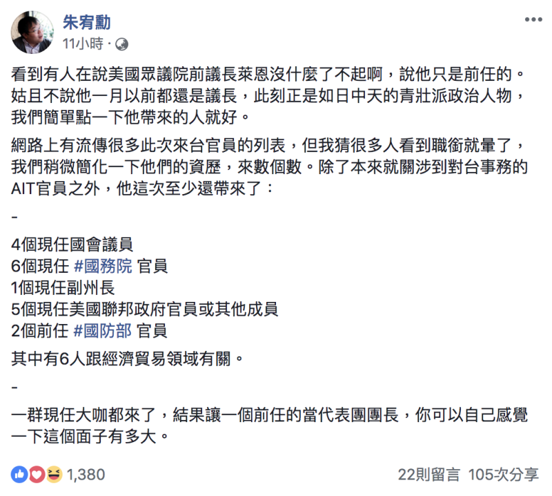 朱宥勳昨(15)日在臉書發文表達對美方慶賀團的看法。   圖：翻攝自朱宥勳臉書