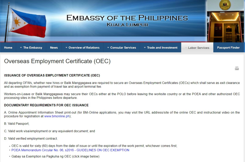 菲律賓海外勞工必須申請「海外工作證明」，以作為離開雇主國家回菲律賓時的出境許可、免除旅行稅及機場費用之證明。