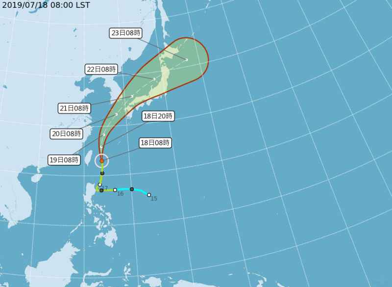 中央氣象局表示，輕度颱風丹娜以每小時26公里速度，向北進行   圖：取自中央氣象局