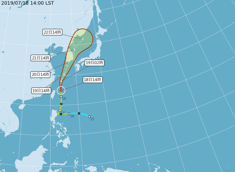 中央氣象局今（18）日表示，由於第5號丹娜絲颱風加速向北遠離，對台灣近海威脅已解除，預計於17時30分解除丹娜絲颱風海上颱風警報。   圖：取自中央氣象局