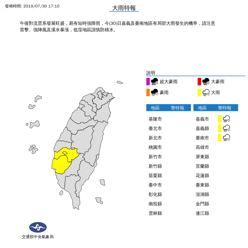 中央氣象局今天表示，嘉義及台南地區有局部大雨發生的機率。   圖：中央氣象局/提供