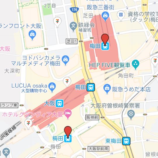 「阪急電鐵」跟「阪神電鐵」的梅田站位置不同，上為阪急梅田，下為阪神梅田。圖：Google map／翻攝