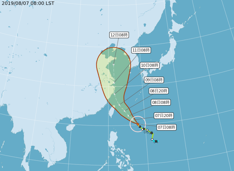 中央氣象局今（7）日表示，利奇馬今天上午的強度已增強為中度颱風，最快下午發布海警   圖：取自中央氣象局